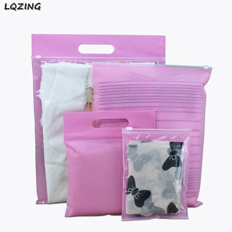 

50pcs Big Capacity Pink T-shirt Non-woven fabrics Pouches Clear Plastic Zipper Gift Garment Clothes Packaging Bags With Handle