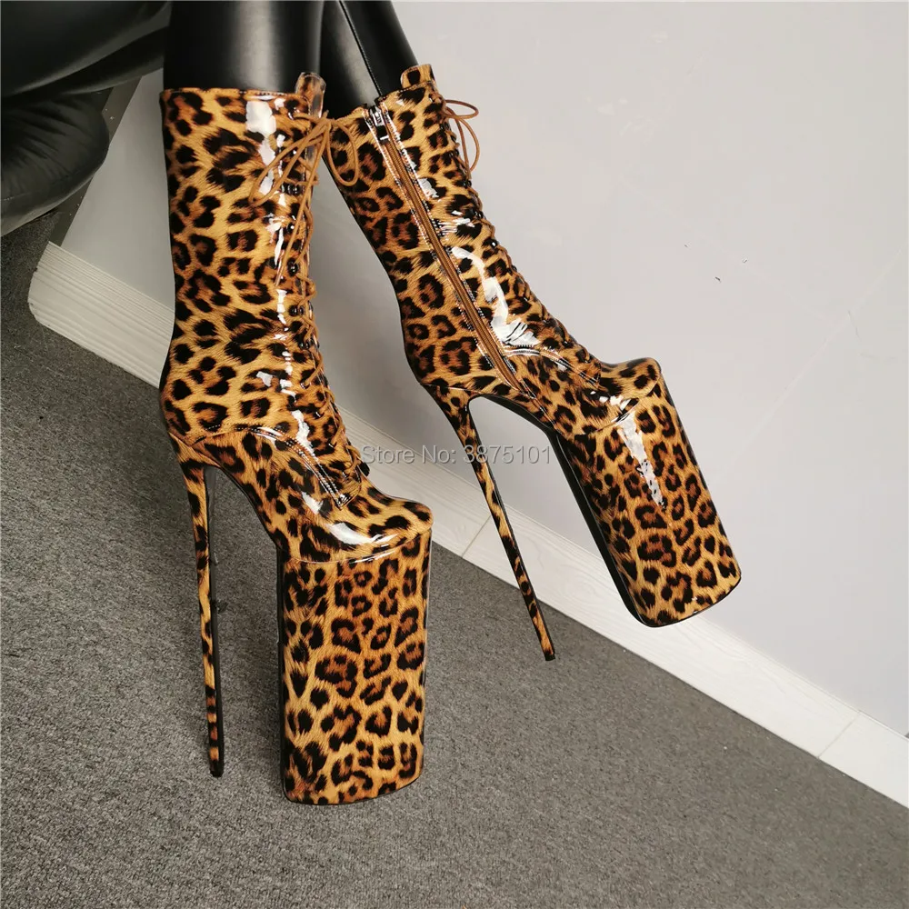 INS style 30CM Extreme High Heels Platform Boots Lace Up Leopard Ankle Boots Stage Unsexy Men Pumps