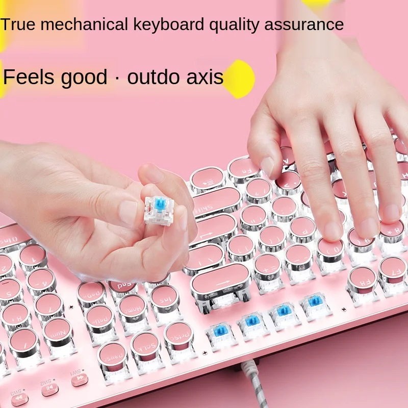 Girls Pink Mechanical Keyboard Green Axis Punk Retro Round Keyboard Chocolate Office Typing Gaming Keyboard Wired Pink