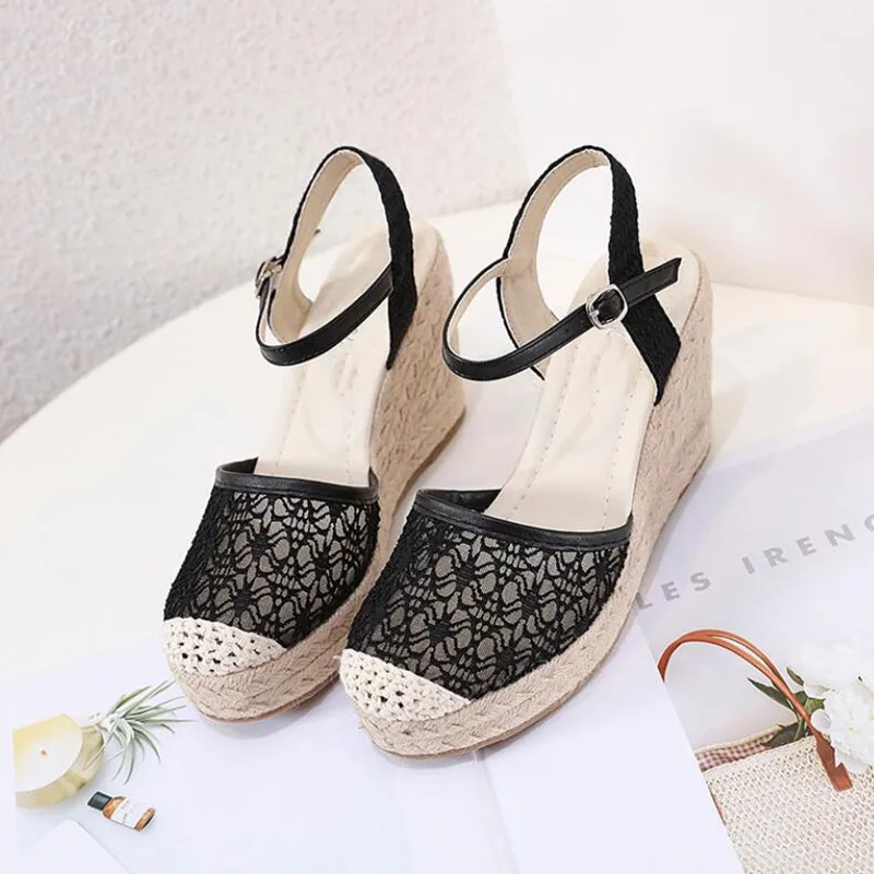 Women Summer Wedge Pumps Lace Air Mesh Sandals Ladies Ankle Strap Fisherman Sandal chaussure femme Straw Braided Female Wedges