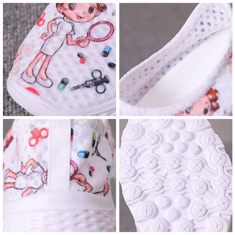 New Women Flats Shoes Cartoon Nurse Doctor Print Women Sneakers Slip On Mesh Shoes Breathable Women Loafers Zapatos Planos