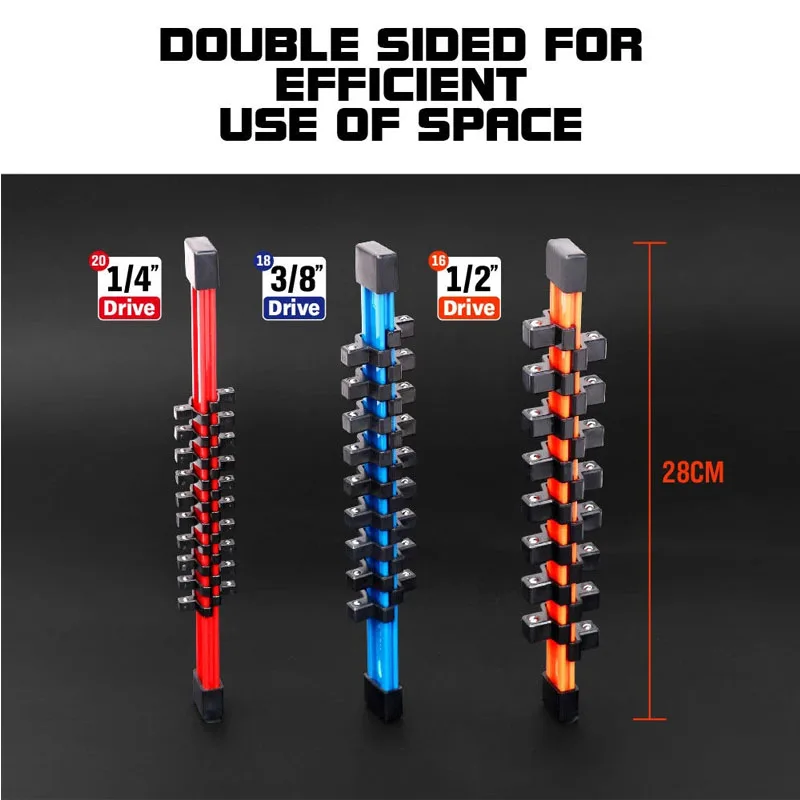 Double Sided Socket Wrenchs Organize Holder 1/4 3/8 1/2 Universal Mountable Sliding Holder Rail Tool Storage Socket Rail Rack