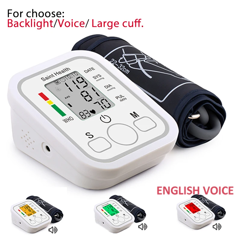 

English Voice LCD Portable Digital Upper Arm Blood Pressure Monitor Heartbeat Test Health Care BP Tonometer Heart Rate Monitor