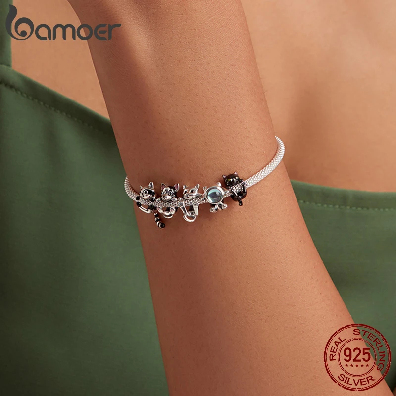 Bamoer-Breloque en argent regardé 925 authentique, chat mignon, perles d'animaux Kitty, bracelet original de 3mm, cadeaux pour filles, BSC208