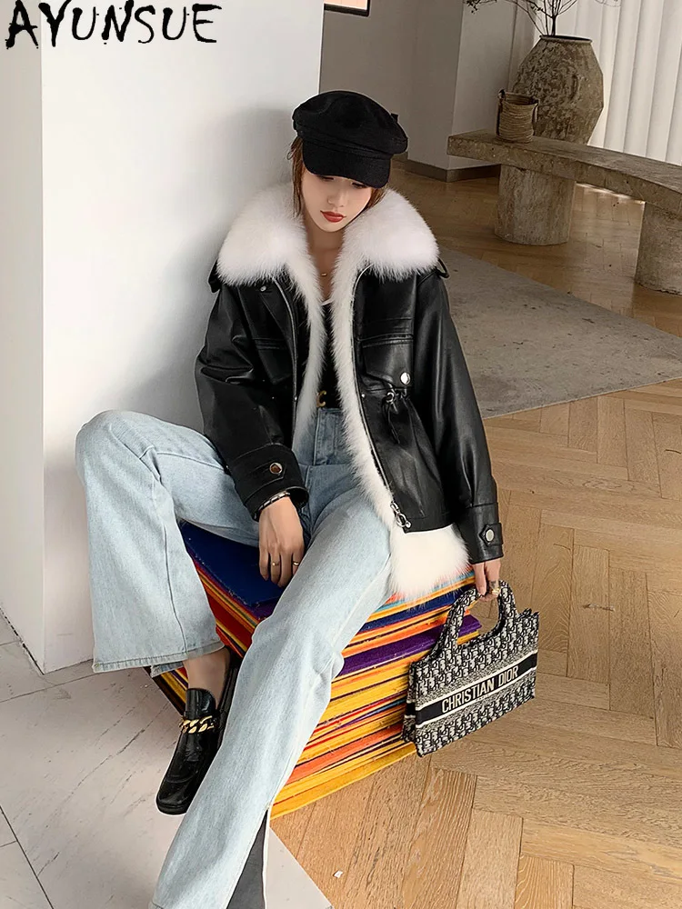 AYUNSUE Genuine Leather Jacket Women Winter Sheepskin Coat Female 90% White Duck Down Jackets Fox Fur Collar 2020 Abrigo Mujer