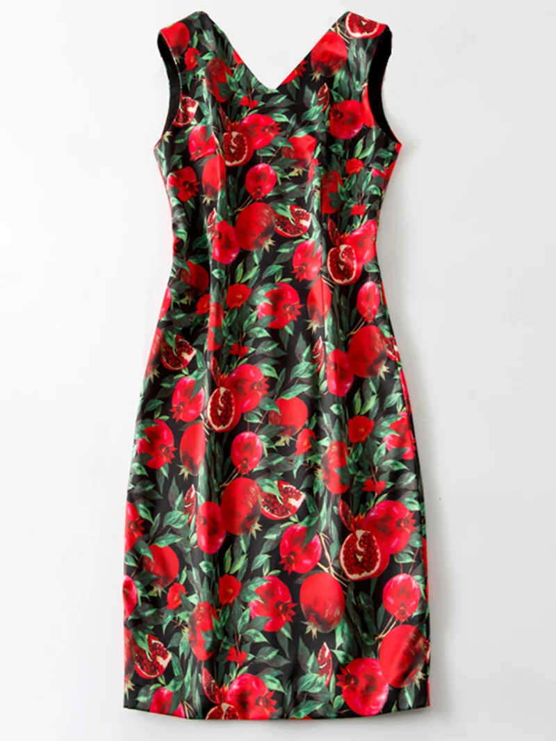 

Pomegranate Print Women Sheath Dress Sexy Double V-Neck Sleeveless Party Dresses