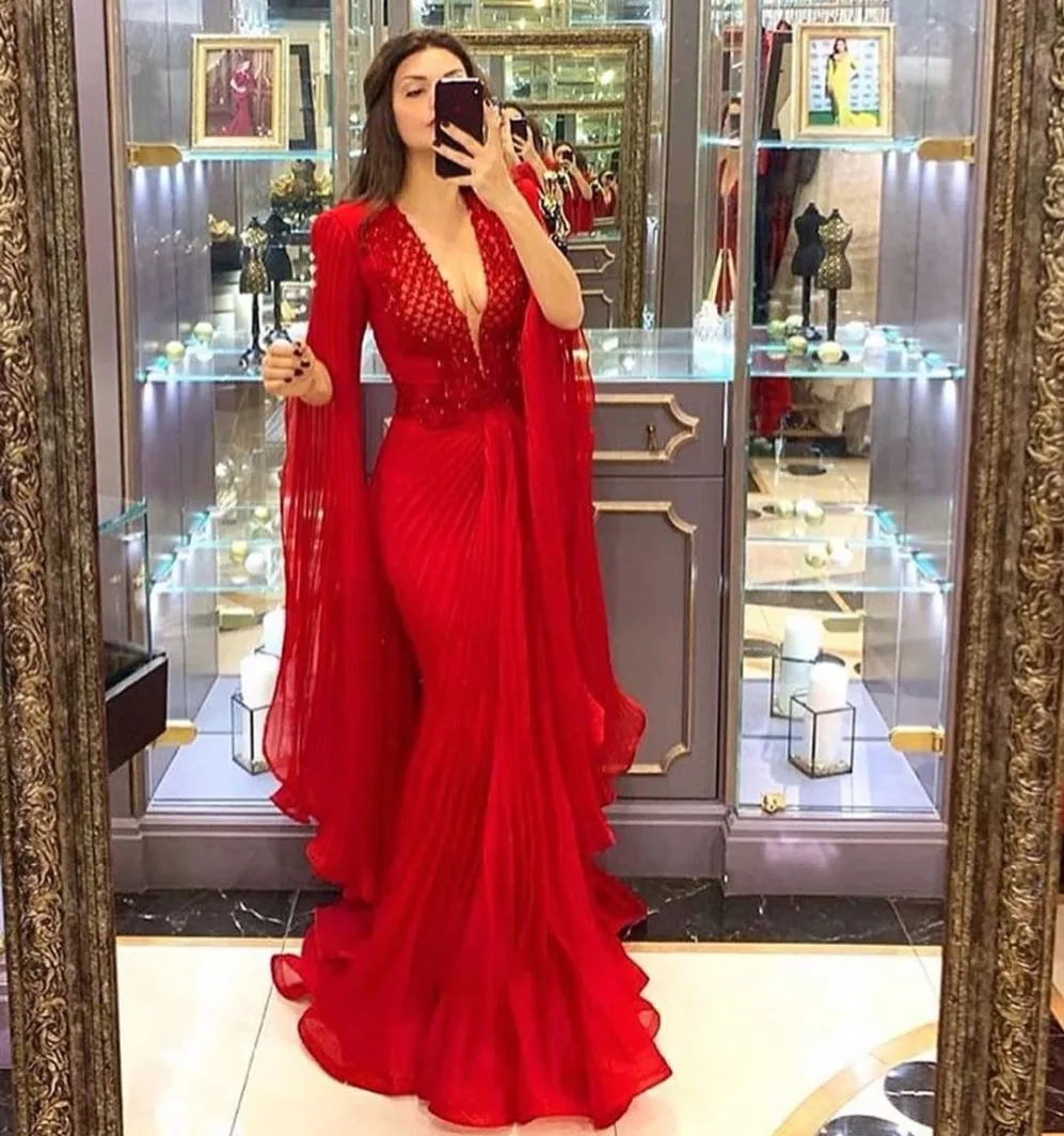 Robe de soirée rouge en Tulle, Sexy, col en V, manches longues, style sirène, grandes tailles