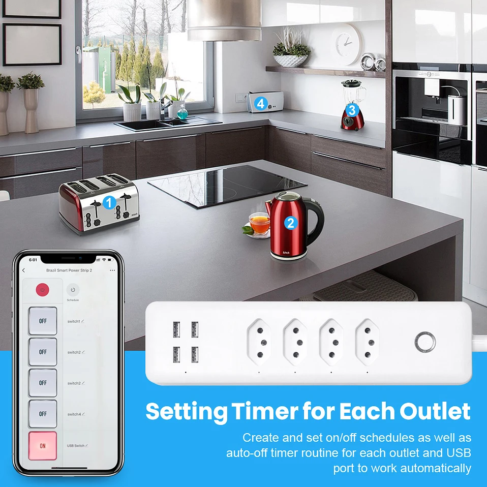 Go! Brazil WiFi Smart Power Strip with 4 Outlets 4USB Ports ,1.4m Extension Cord Voice works with Alexa, Google Home