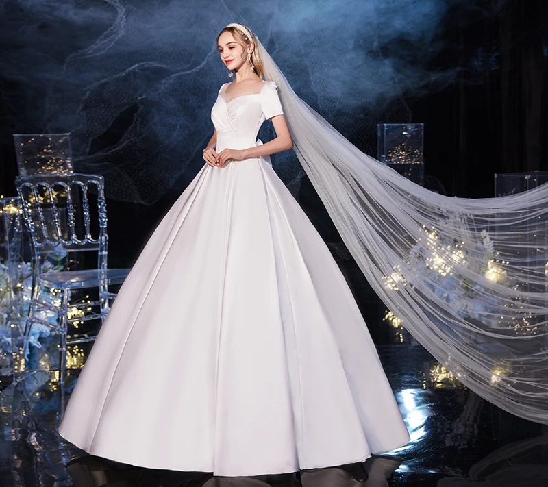 Robe de Mariée Classique en Satin à Manches Courtes et Lacets, Tenue de Bal de Luxe, 2023