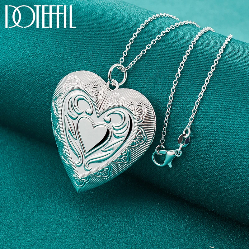 DOTEFFIL 925 Sterling Silver 16-30 Inch Chain Heart Shaped Photo Frame Pendant Necklace For Women Man Wedding Charm Jewelry