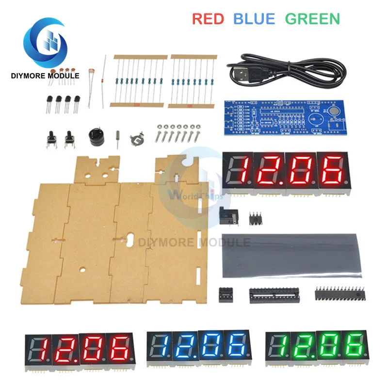 DIY Electronic Kit Clock LED Microcontroller Kit Digital Clock Time Light/Voice Control Temperature Thermometer Red/Blue/Gr/Whi