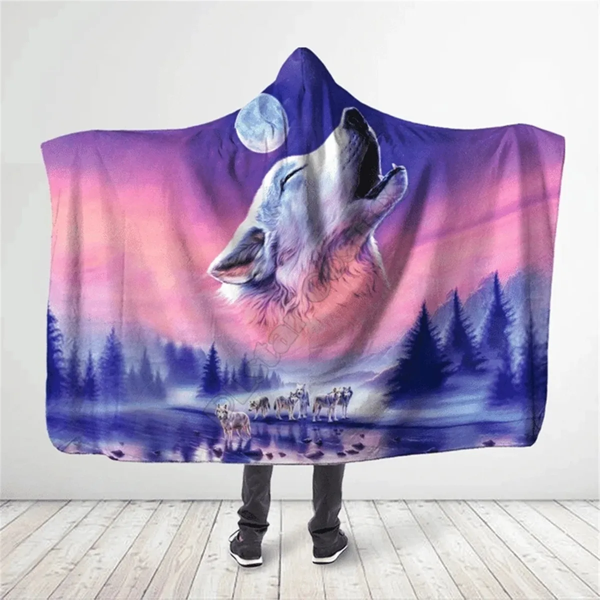 Native Wolf 3D All Over Printed Hooded Blanket Adult child Sherpa Fleece Wearable Blanket Microfiber Bedding 09