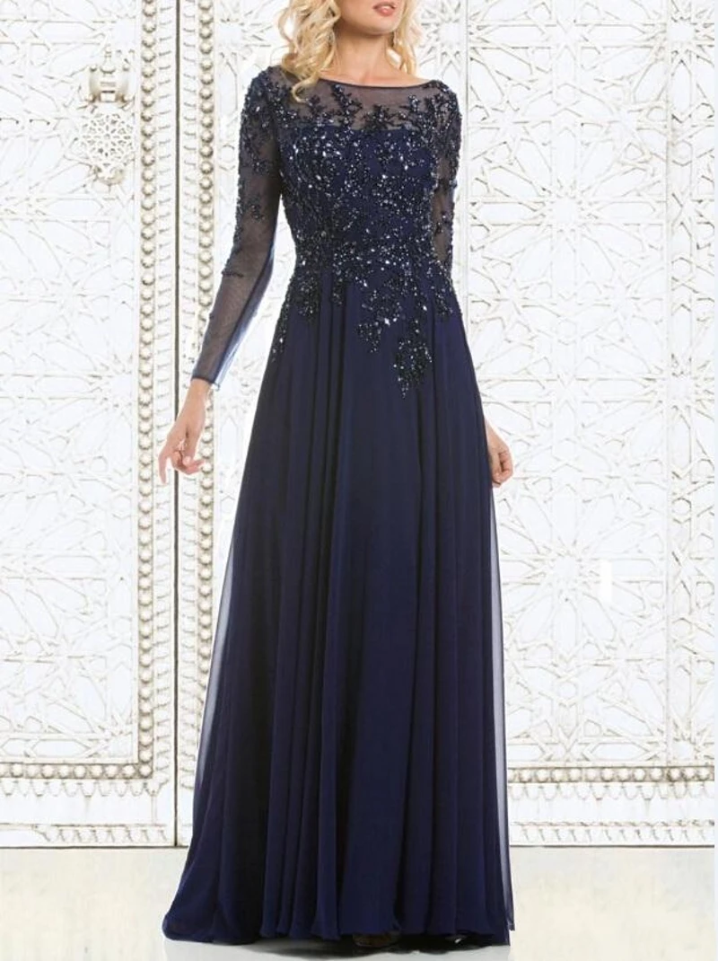 

2020 Top Selling Elegant Navy Blue Mother of The Bride Dresses Chiffon See-Through Long Sleeve Sheer Neck Appliques Sequins