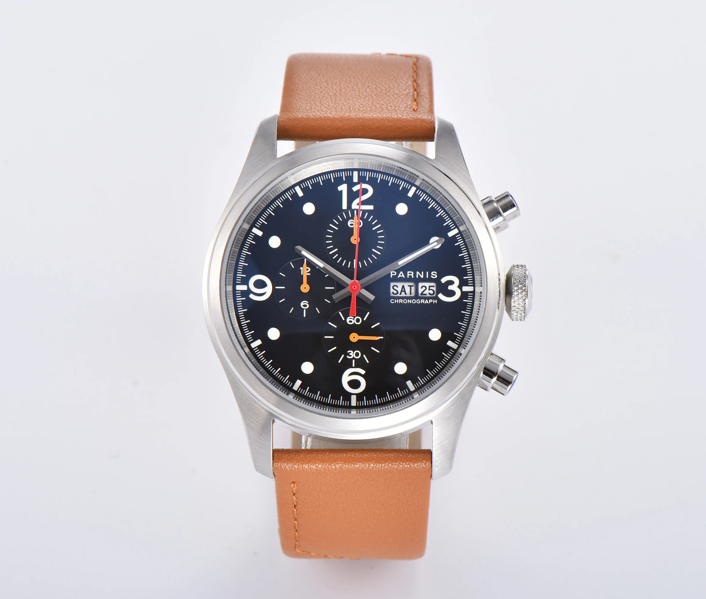 PARNIS Quartz Men Watch Chronograph Date Week Function Round Case Leather Band