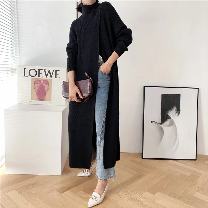 Turtleneck Autumn Winter Sweater Maxi Dress Women Korean Fashion Long Sleeve Knitted Dress Ladies Side High Slit Oversize Dress