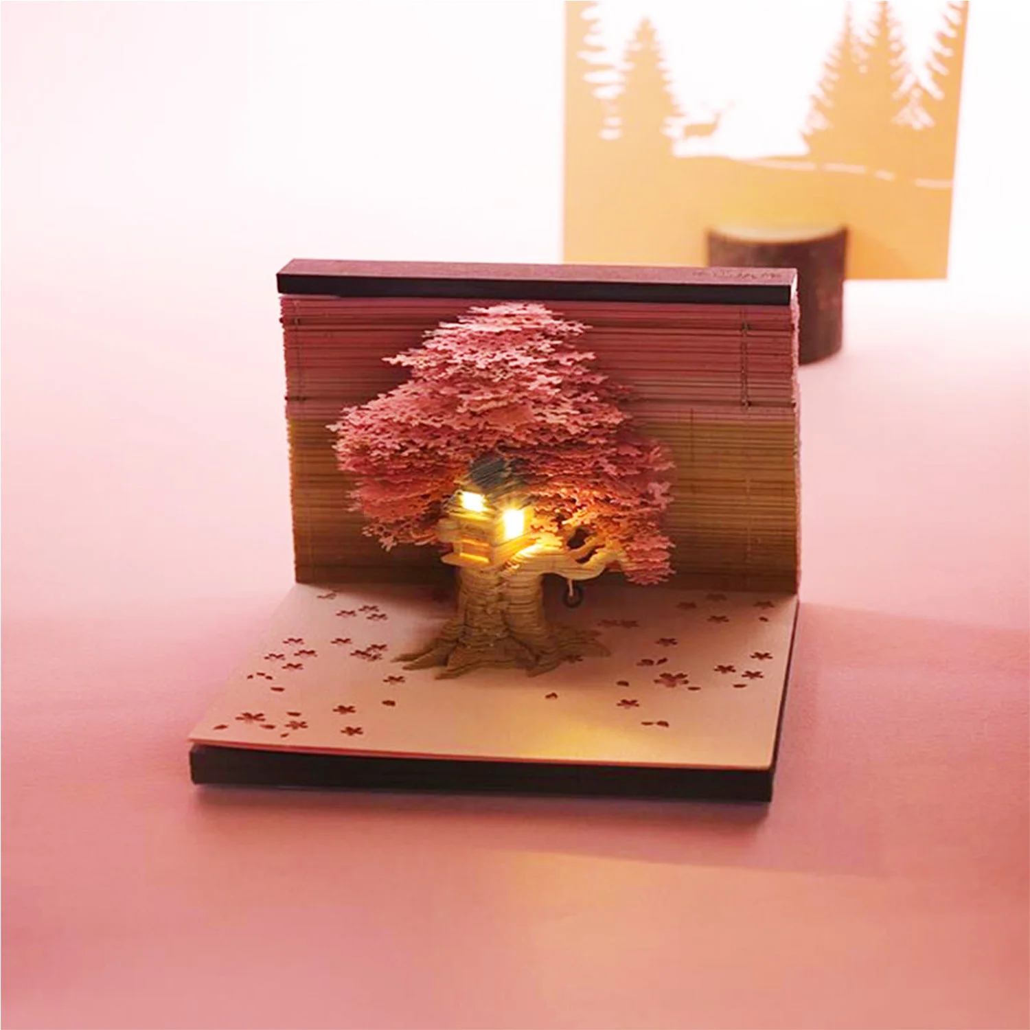 3D Postit Cherry Tree with Light Memo Pad DIY Art Building Block Paper Carving Treehouse Notepad Creative Post Notes Gift