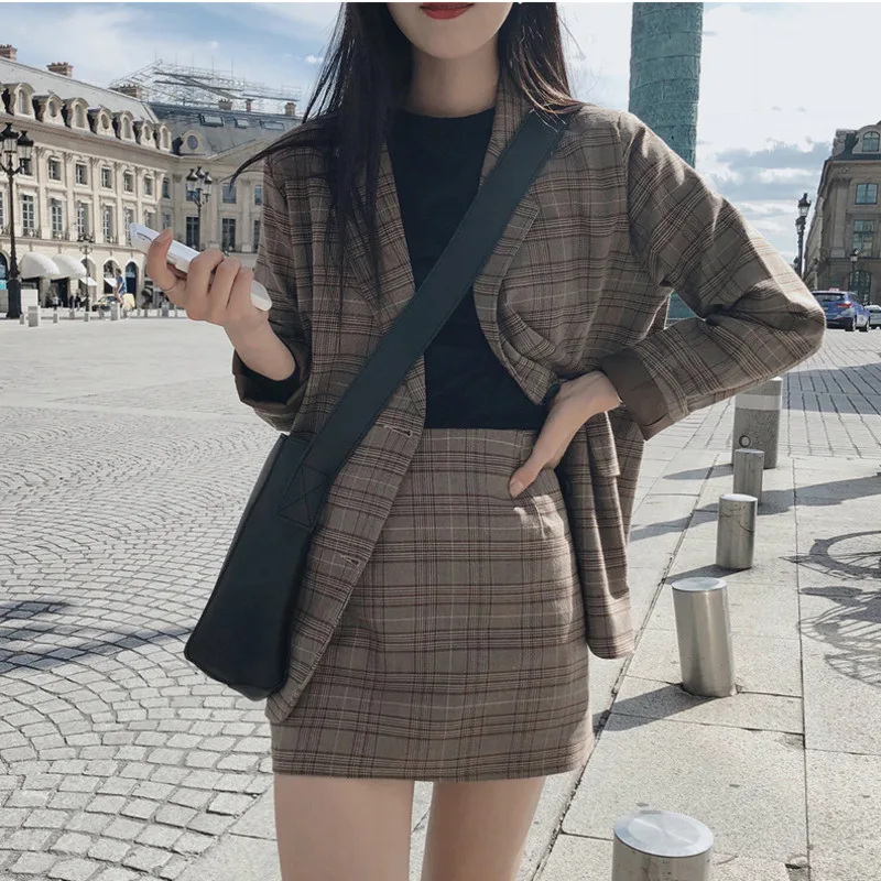 2021 Retro Plaid Blazer Set Single-breasted Jacket & Pencil Skirt 2 Pieces Skirt Suit Female Office Ladies Blazer Suit