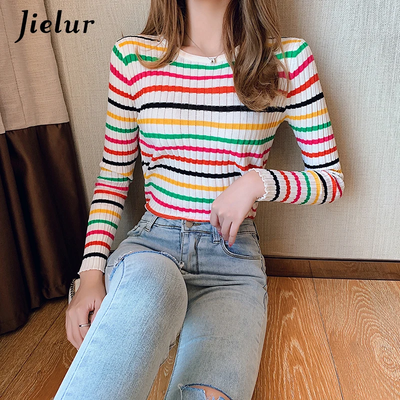 

Jielur Autumn Colorful Striped Sweater for Women Fashion Korean Bottoming Shirt Slim O-neck Lady Sweaters Spell Color Knitwear