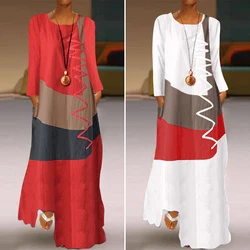 ZANZEA 2023 Womens Autumn Sundress Stitching Maxi Dress Casual Long Sleeve Tunic Vestidos Female Cotton Linen Robe