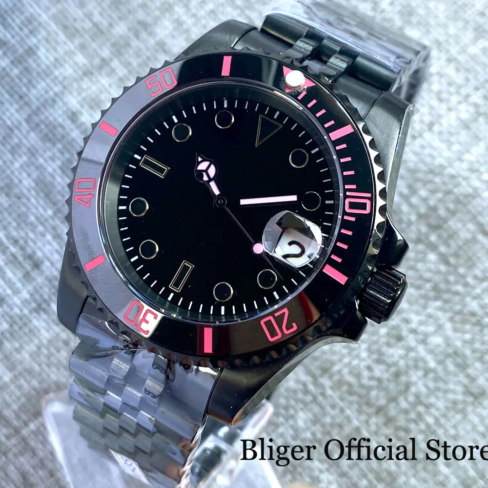 

BLIGER 40MM Black Index NH35A PT5000 miyota 8215 Automatic Men Watch Nologo Dial Jubilee Band Red Marks Insert Sapphire