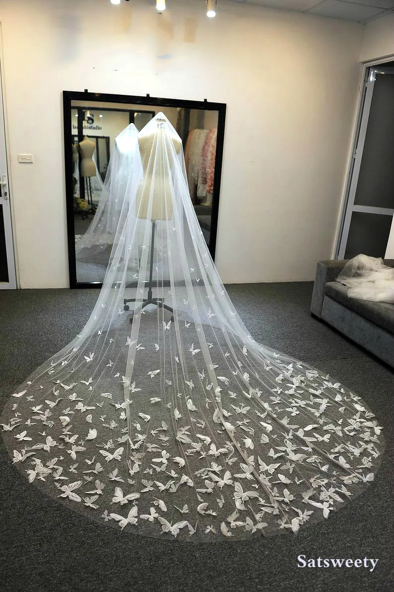 Voile de mariée en Tulle doux, personnalisé, blanc/ivoire, scintillant, papillon 3D, avec cristaux