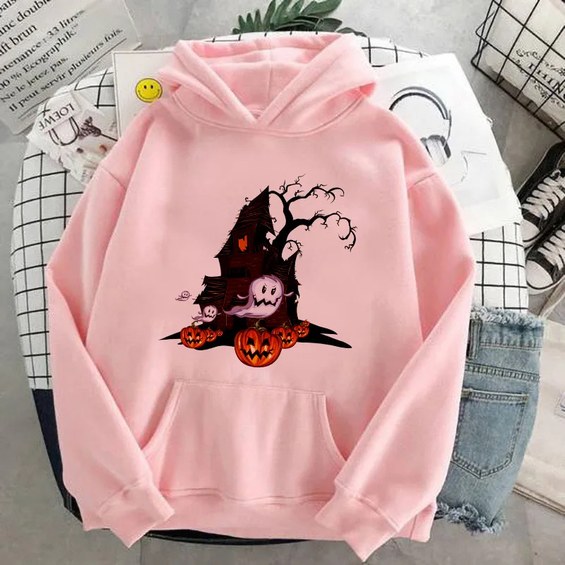 Hoodies casuais kpop dia das bruxas padrão camisolas com capuz moda hoodie manga longa feminino outono pullovers streetwear topos