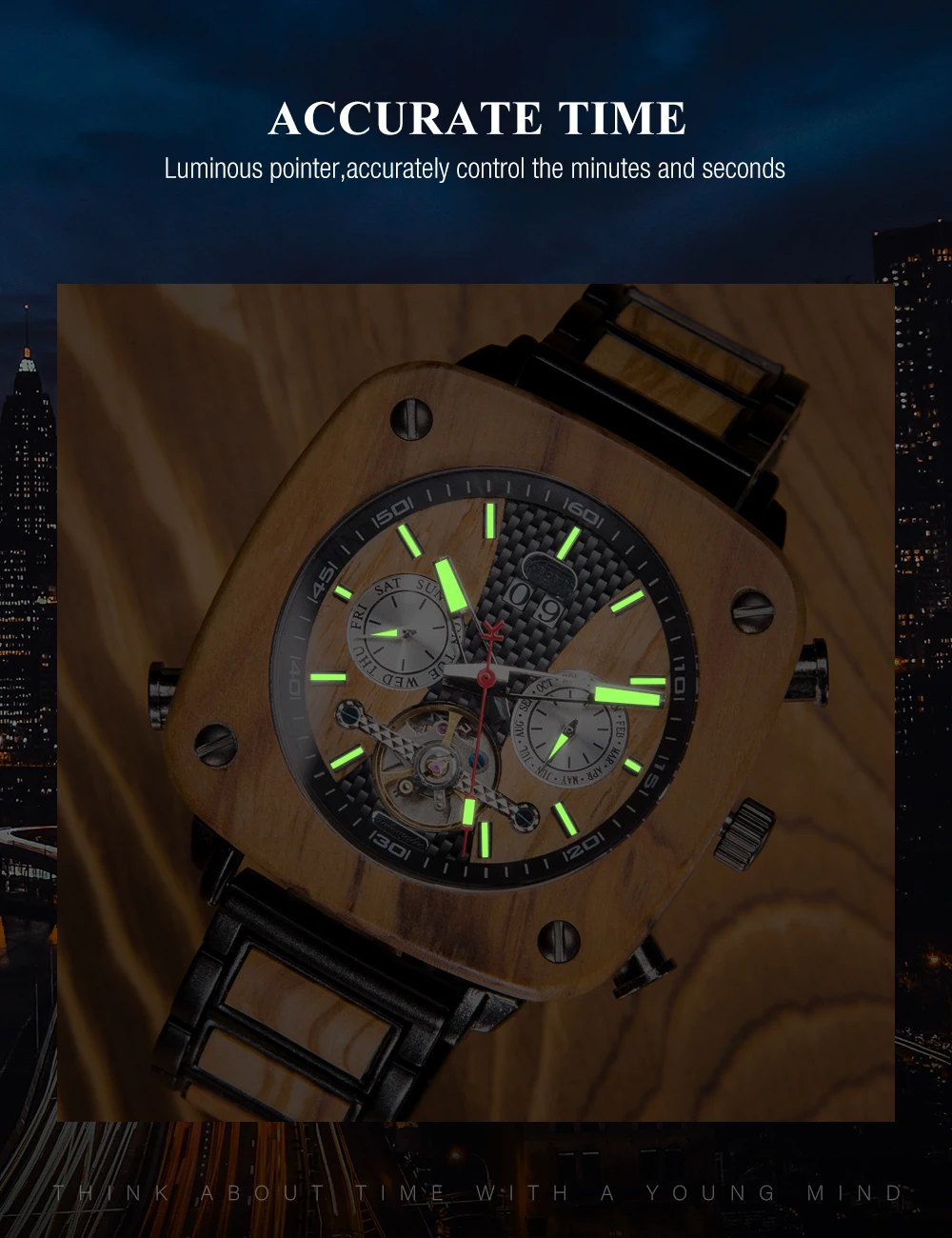 Men Mechanical Watch BOBO BIRD Wooden Automatic Wristwatch Hollow Out Movement With Calendar Week And Dual Time Zone Function