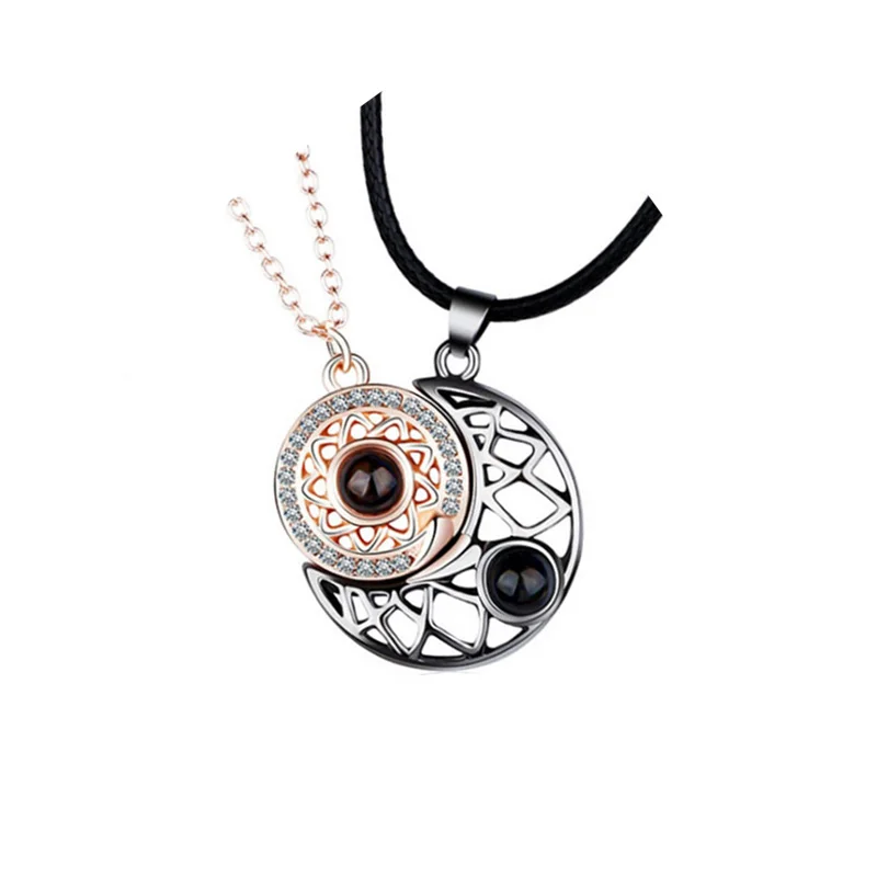 Magnet 100 Languages Sun Moon Puzzle Couple Necklaces Jewelry Creative I Love You Projection Pendant Memory Valentine's Day Gift