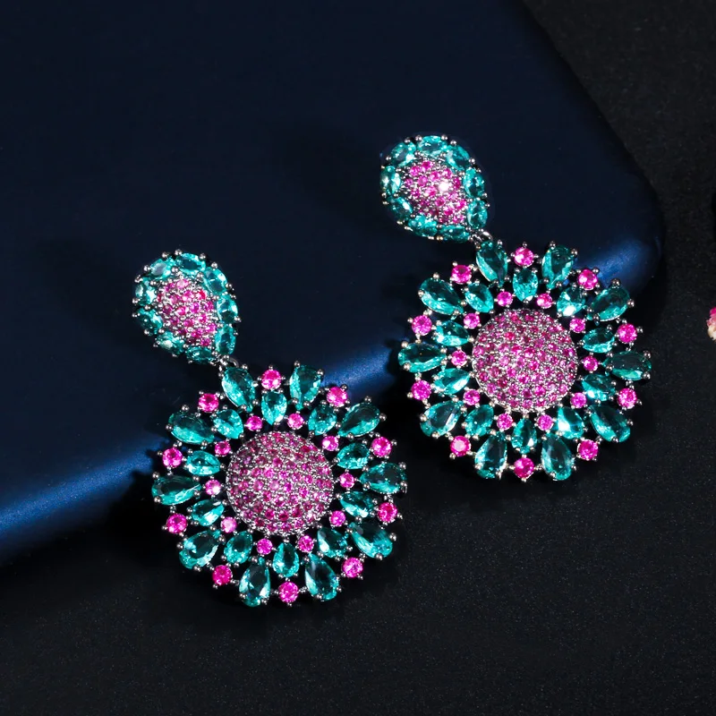 CWWZircons Aesthetic Brazilian Hot Pink and Blue Cubic Zirconia Crystal Big Dangle Drop Flower Party Earrings for Women CZ701