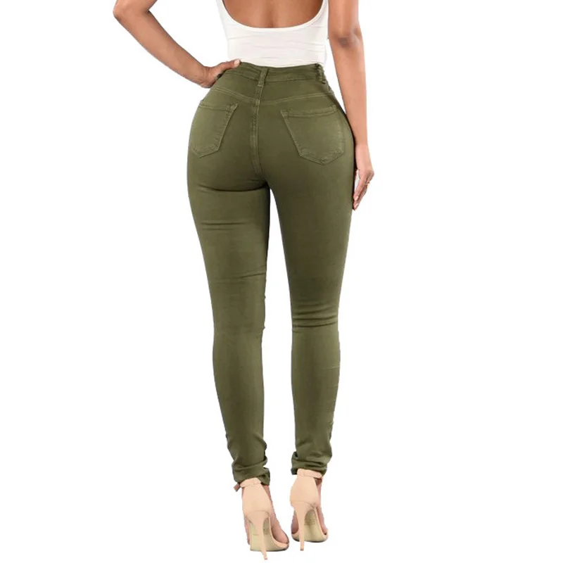 YSDNCHI Women Ripped Jeans Skinny High Waist Denim Army Green Pencil Pants Stretch Sexy Jeans Black Trousers Slim Laides Spring