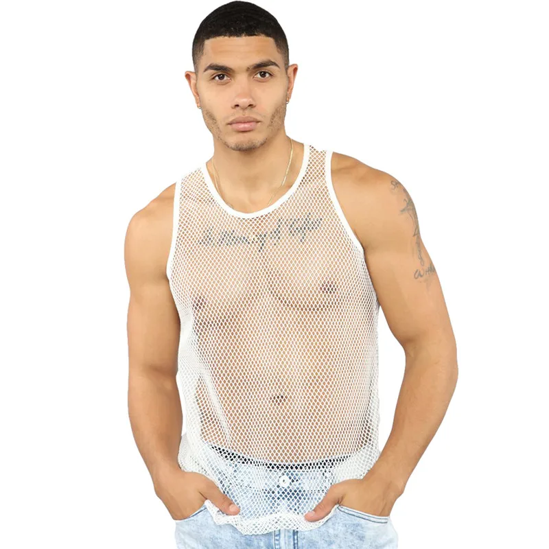 New Men\'s Tops Sexy Mesh Sheer Perspective Vest Fishing Net Muscle Sleeveless See Through Tops