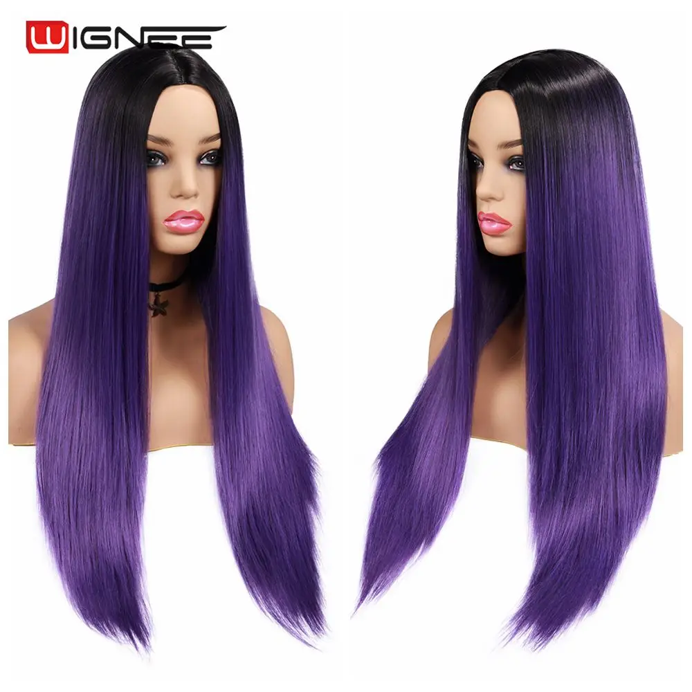 Wignee Long Synthetic Wig Straight Hair Middle Part For Women Ombre Purple Natural Hair Glueless Daily/Cosplay Female Hair Wigs