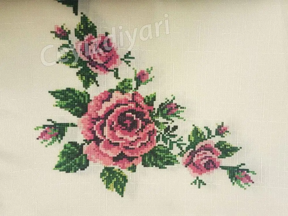 Cross stitch Printed Laced Table Cover Set 18 Piece Pink