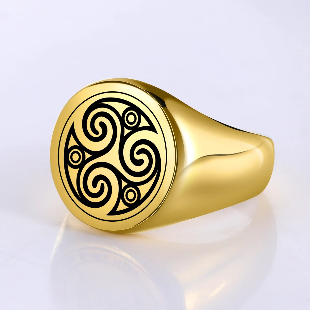 LIKGREAT Stainless Steel Rings for Men Triskele Triple Spiral Symbol Amulet Solomon Signet Ring Punk Occult Magic Pagan Talisman
