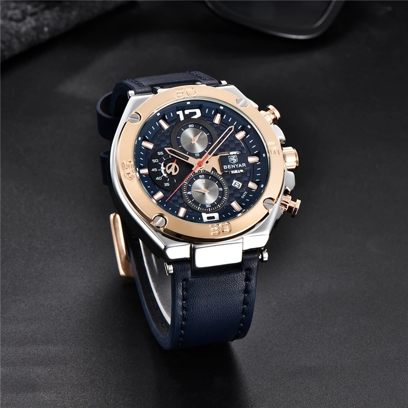 Men\'s watches BENYAR new quartz men wrist watch top luxury fashion clock man waterproof leather chronograph Relogio Masculino