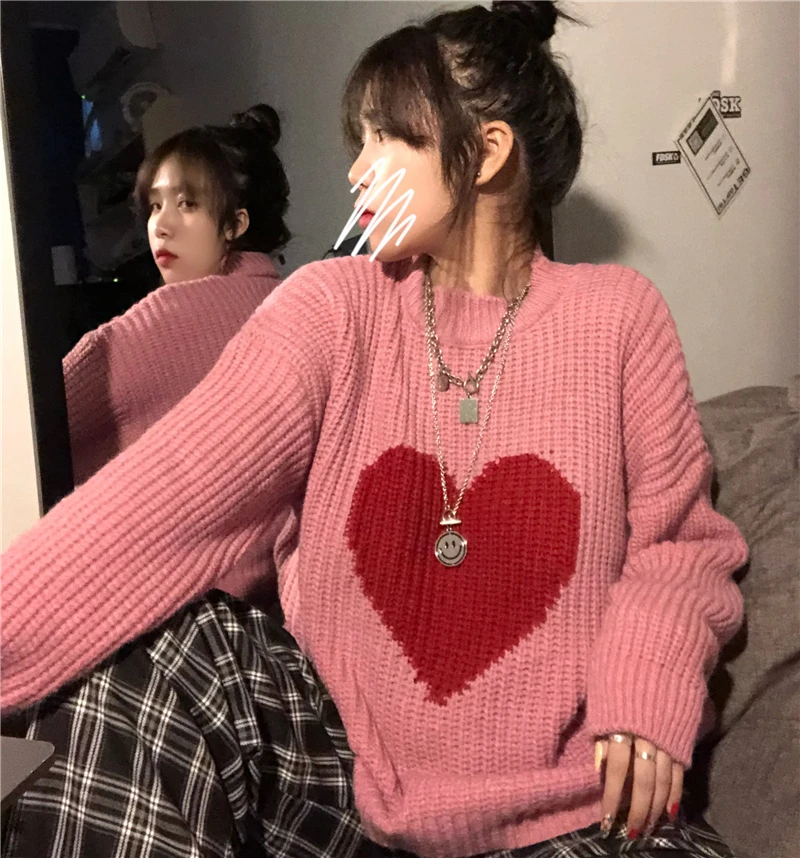 Korean Winter New Sweet Heart-shaped Pattern Sweater Vintage Harajuku Style Full Sleeve Pullovers Loose Knitting Casual Sweater