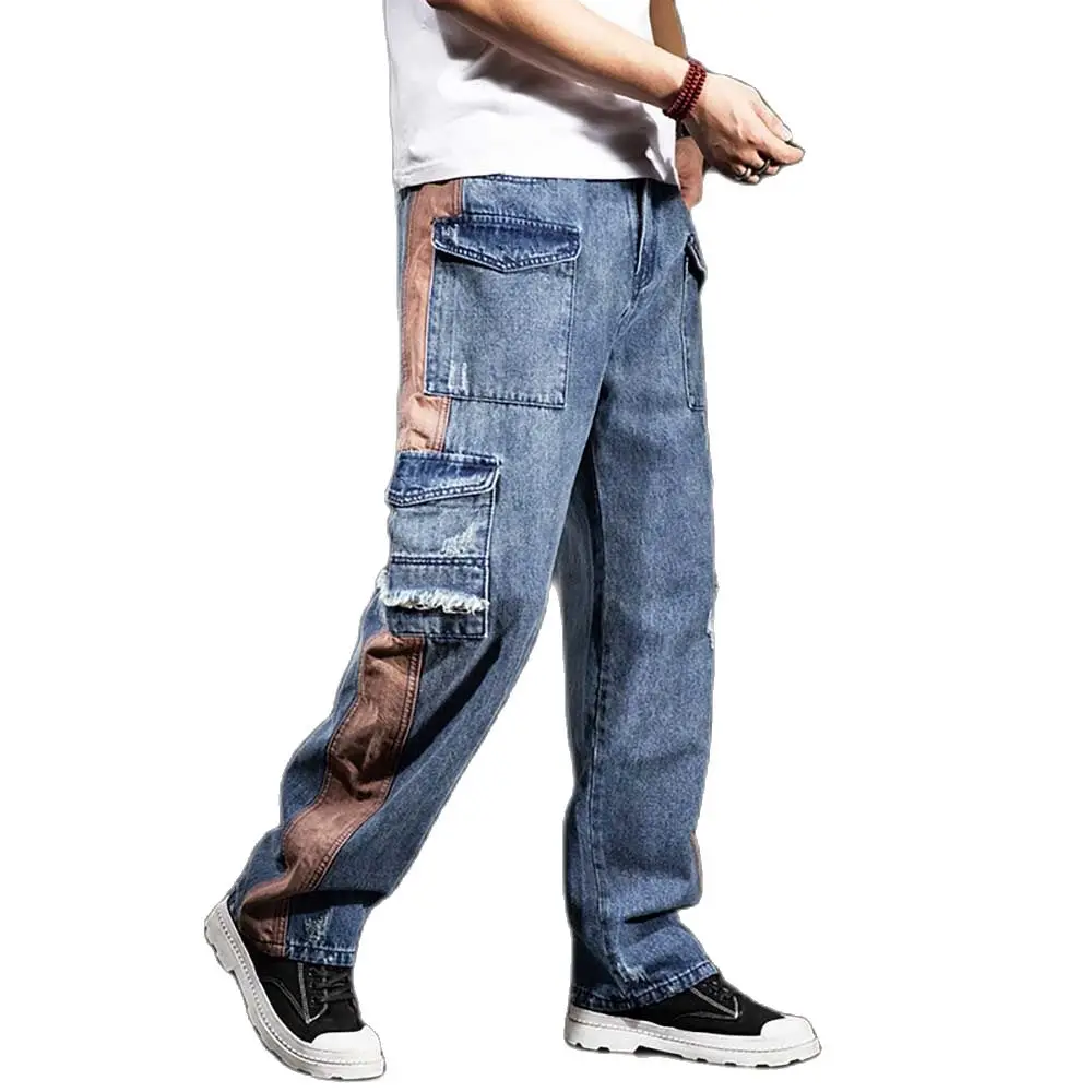 

Fashion Pockets Straight Denim Men Casual Loose Baggy Cargo Pants Distressed Side Stripe Trousers Streetwear Hiphop Clothing