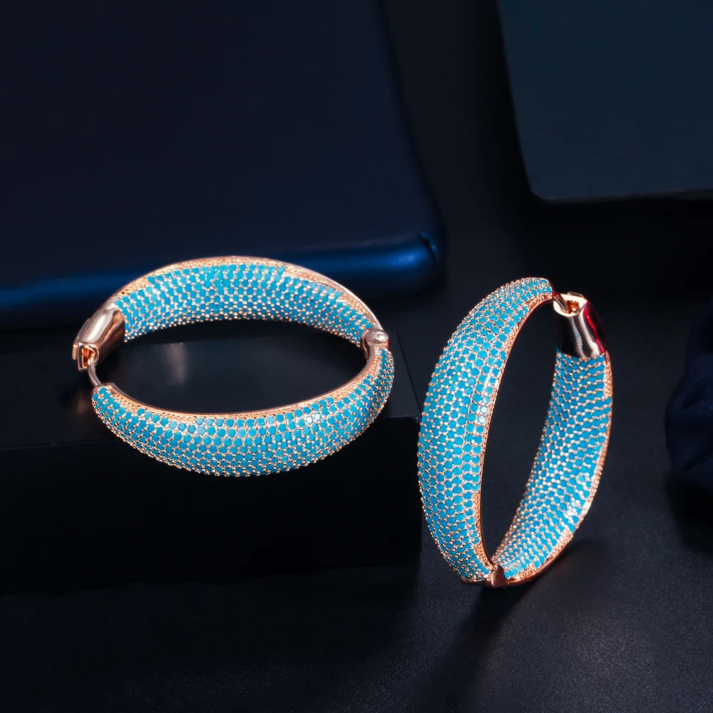 CWWZircons Luxury Turkish Light Blue Cubic Zirconia Large Loop Hoop Earring for Women Fashion Statement Jewelry Brincos CZ883