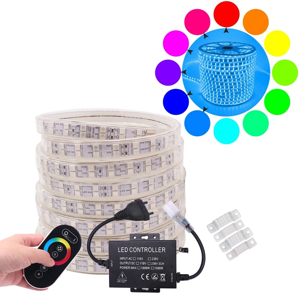 Super Bright 5050 LED Strip Light RGB 220V Double Row 120LED/m RF Touch Remote Controller Waterproof Stripes Home Decoration