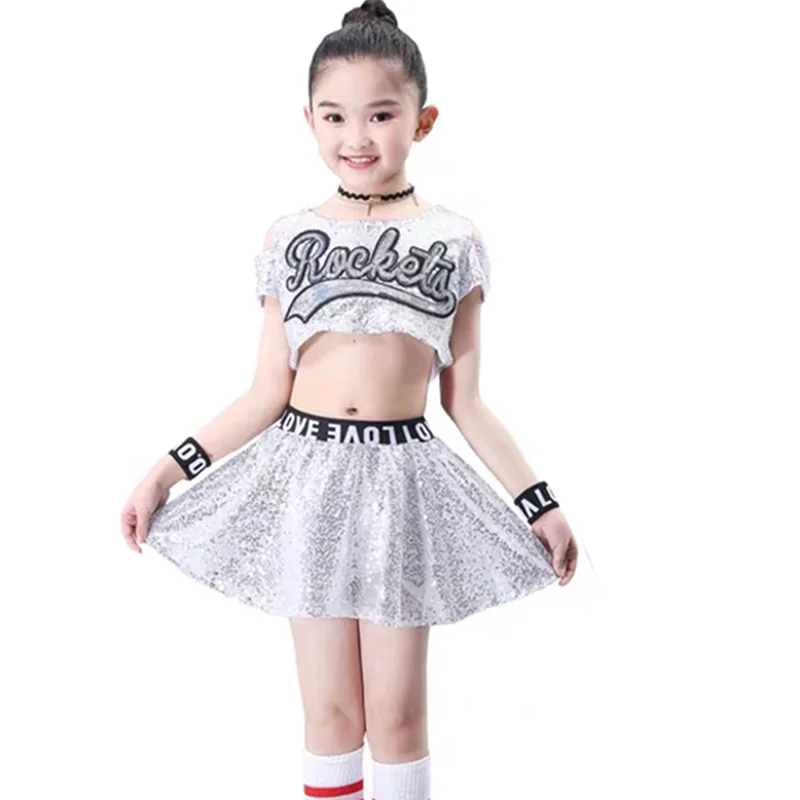 Kids Jazz Dance Costume Hiphop Dresses for Girls Stage Performance Cheerleader Costumes Holographic Sequin Top+Skirt Set