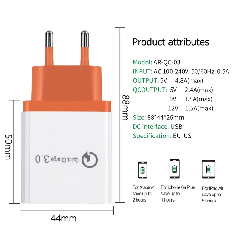 3 USB Ports EU Plug QC 3.0 Fast Charger For iPhone Xiaomi Redmi 7A 8A Go 5 Plus 6A Note 8T 8 6 7 5 Pro 5A Travel Charge Adapter