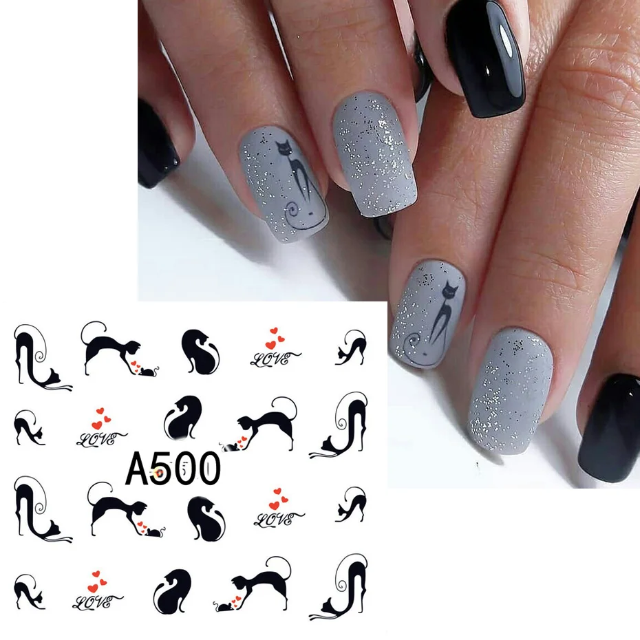 12pcs adesivi per gatti neri decalcomanie per unghie Love Heart Cartoon Nail Art cursori d'acqua decorazioni per tatuaggi Manicure di san valentino TRA493-504