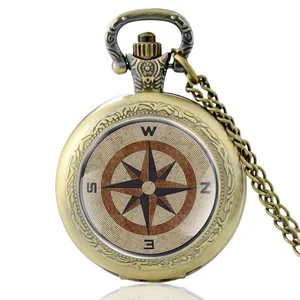 Vintage Compass Design Quartz Pocket Watch Men Women Bronze Color Charm Pendant Necklace Hours Clock Best Gifts