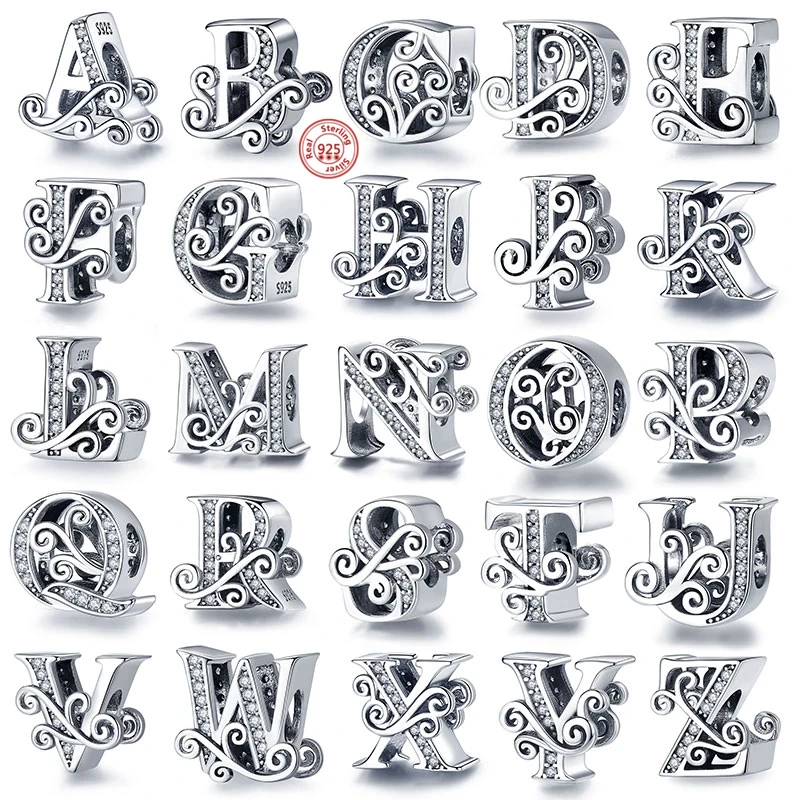 Abalorio de plata de ley 100% 925 auténtica para mujer, A-Z colgante con letras del alfabeto, nombre, compatible con pulsera Pandora Original, joyería artesanal