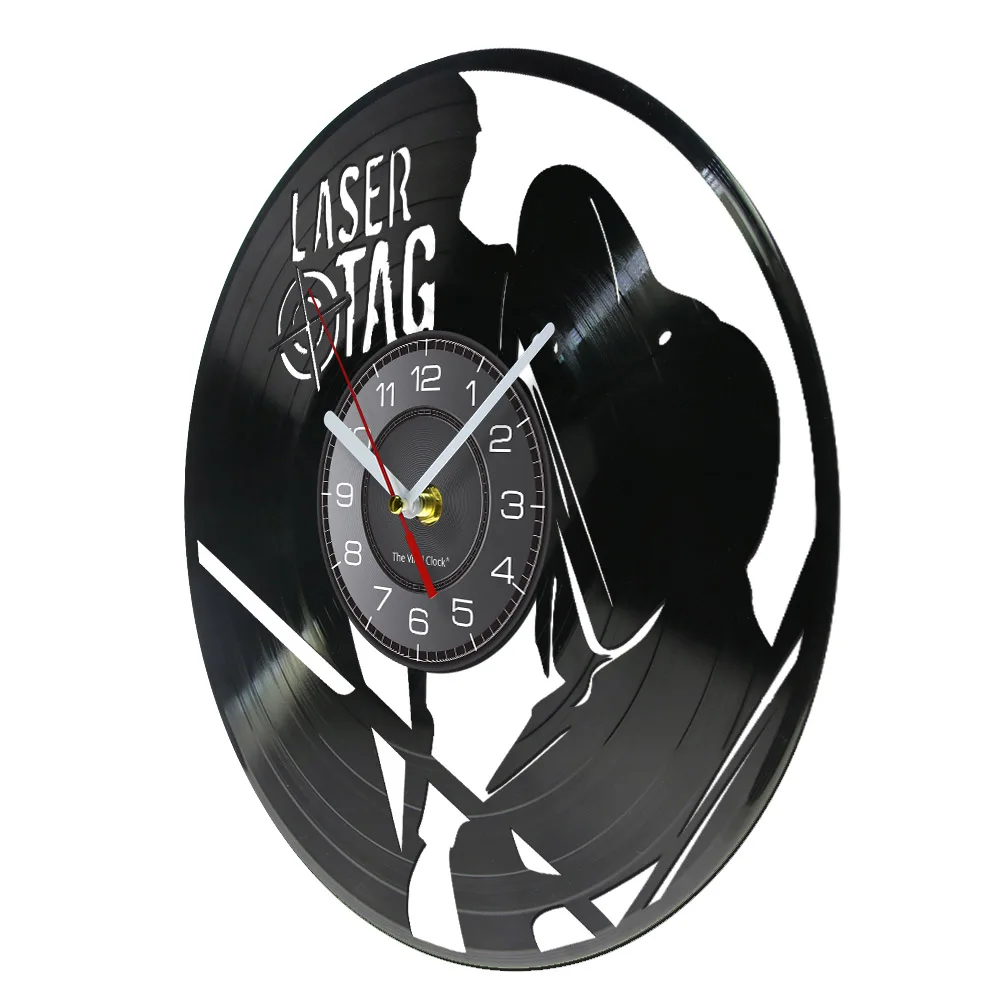 Laser Tag Shoot Game Cut Out Longplay Wall Clock For Bedroom Birthday Party Neon Glow Laser Vinyl Album Re-purposed Record Clock