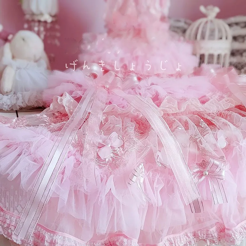 High-end Handmade Dog Clothes Pet Supplies Trailing Wedding Dress Lace Tulle Tiered Skirt Pink Embroidery Ribbon Bow Party Gown