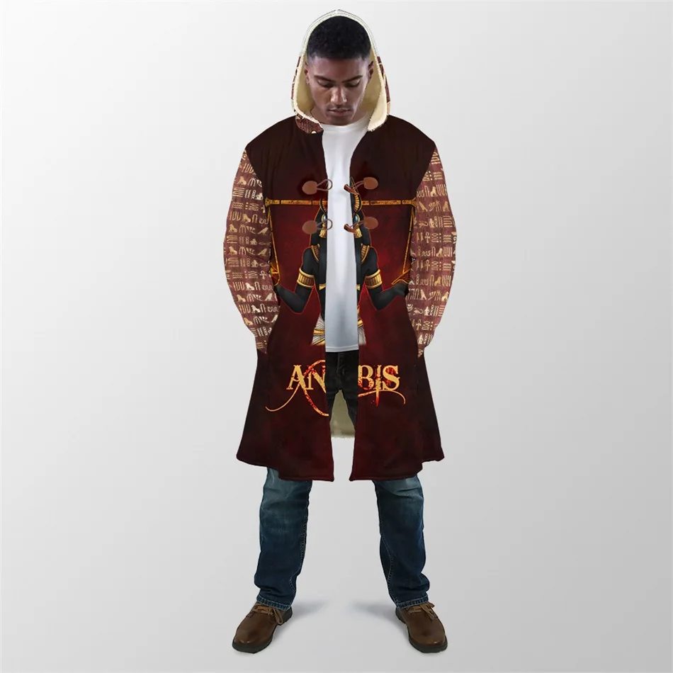 2021 Winter Mens Cloak Ancient Egypt Pharaoh Anubis face 3D Printing Fleece Hooded Coat Unisex Casual Thick Warm Cape coat PF41