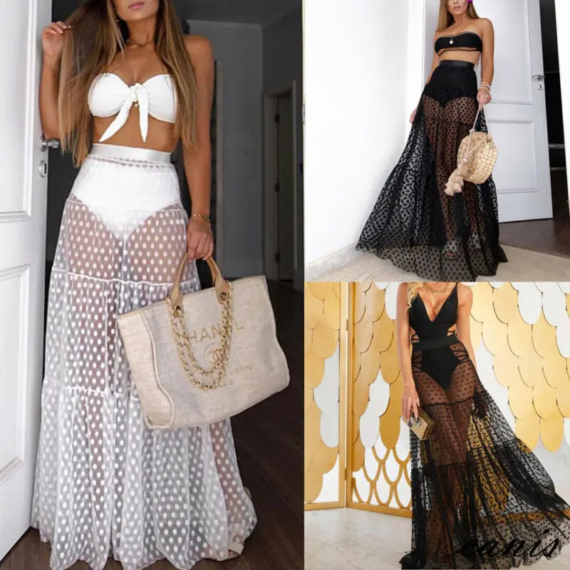 2020 Summer Women Bikini Cover Up Swimsuit Mesh Sheer Transparent Mini Wrap Skirts Tulle Female See Through Sarong Beachwear