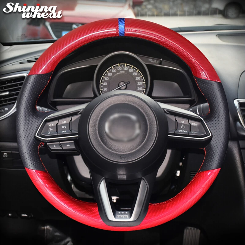 

Red PU Carbon Fiber Steering Wheel Cover for Mazda 3 Axela Mazda 6 Atenza CX-3 2018-2019 CX-5 2017-2019 CX-9 Toyota Yaris 2019