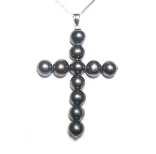 

7-8MM BLACK TAHITIAN PEARL CROSS PENDANT NECKLACE 925silver WHITE